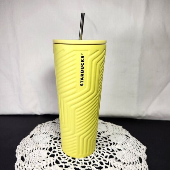 Starbucks Stainless Steel Neon Yellow Geometric Soft Touch 24oz Tumbler 2024 - Picture 1 of 8
